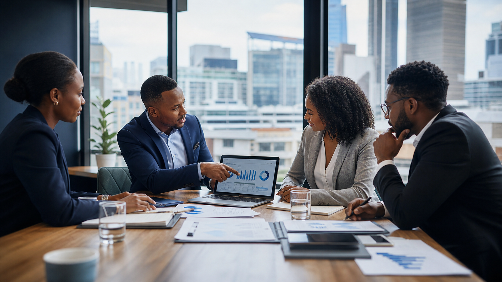 South African business owners reviewing financial reports with an advisor